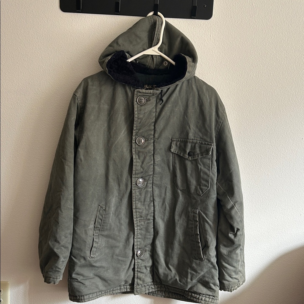 VTG Brill Bros.GoldenThread Full Zip Army Green Hooded Military Canvas Work Jkt